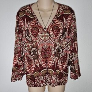 Divalicious Paisley Print Boho Blouse V-Neck Bell Sleeve